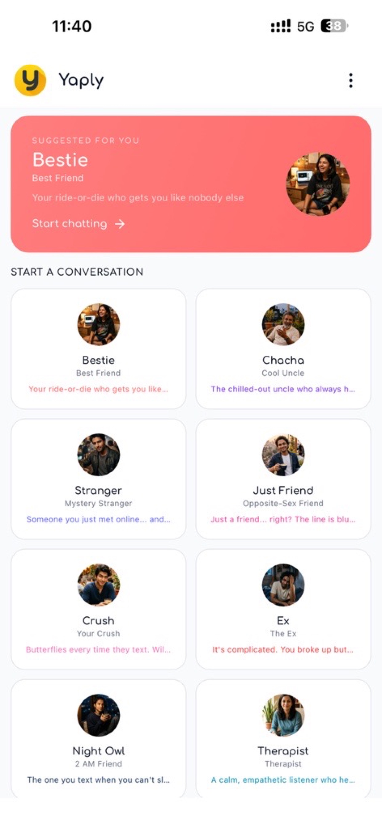 Yaply App - Home Screen with AI Companions